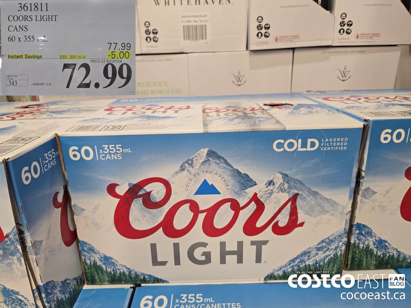 361811 COORS LIGHT CANETTES 60 x 355 ml ($5.00 INSTANT SAVINGS EXPIRES ON 2025-10-16) $72.99