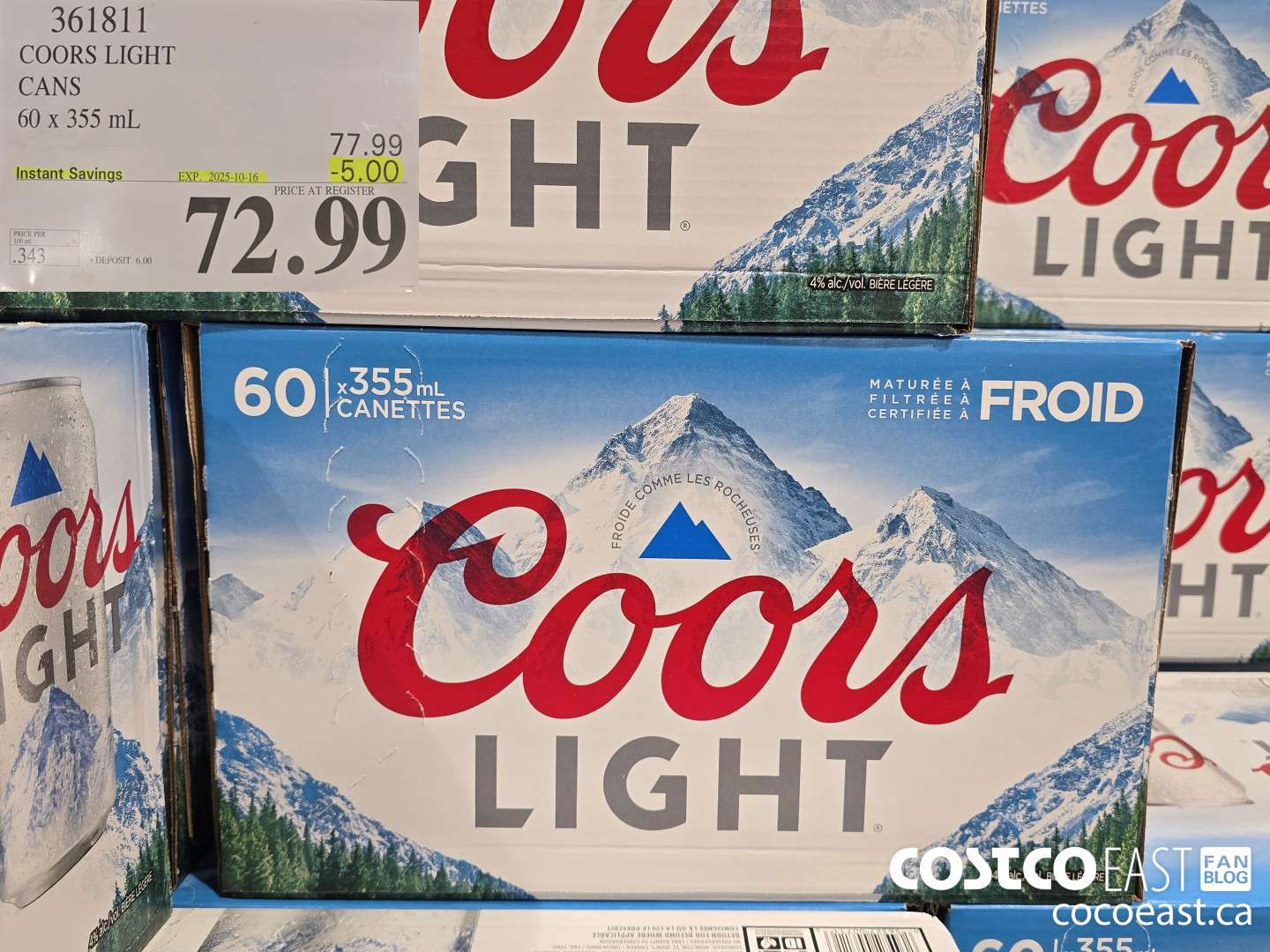 361811 COORS LIGHT CANETTES 60 x 355 ml ($5.00 INSTANT SAVINGS EXPIRES ON 2025-10-16) $72.99