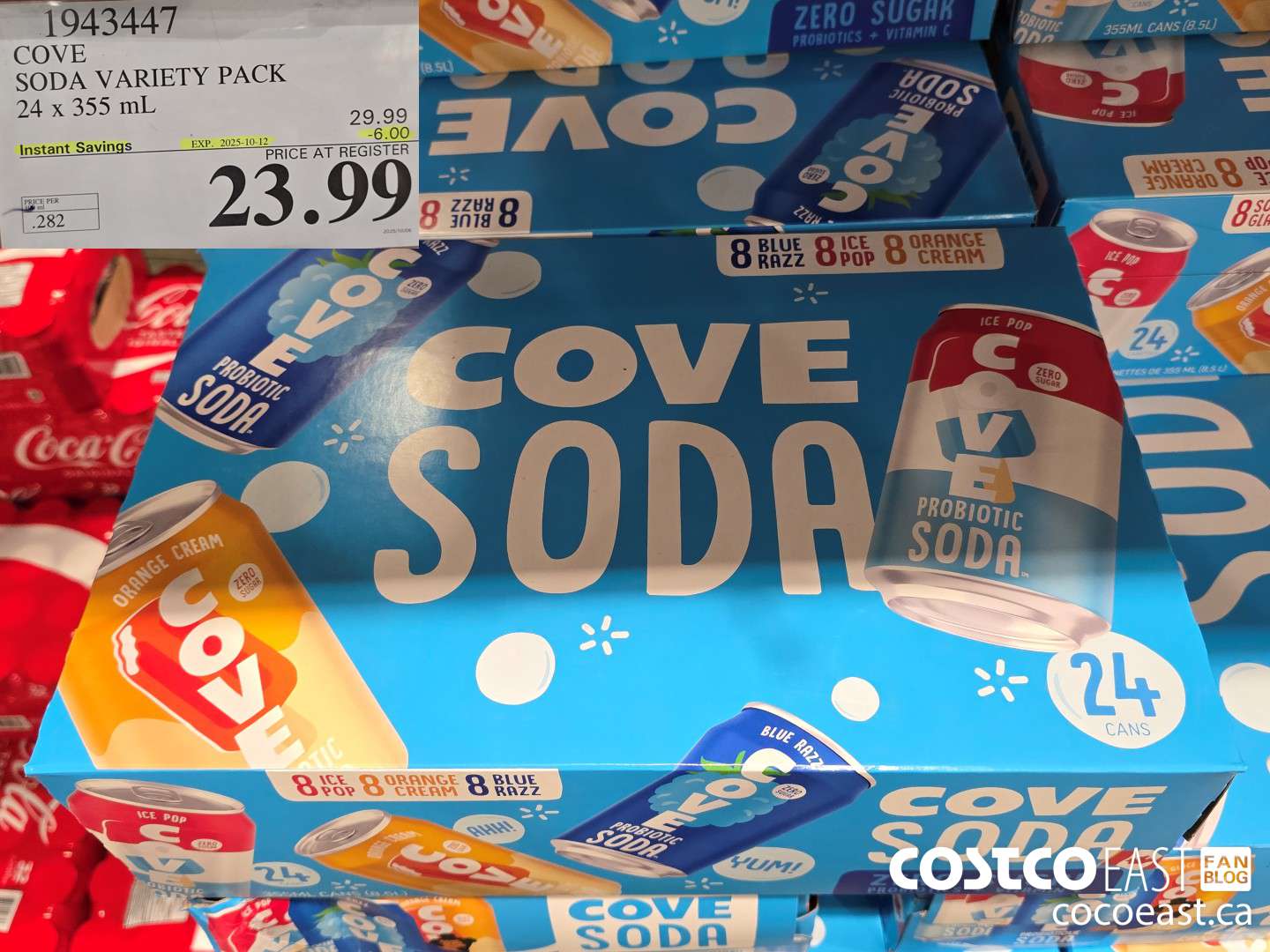 1943447 COVE SODA SUMMER VARIETY 24 x 355 mL ($6.00 INSTANT SAVINGS EXPIRES ON 2025-10-12) $23.99