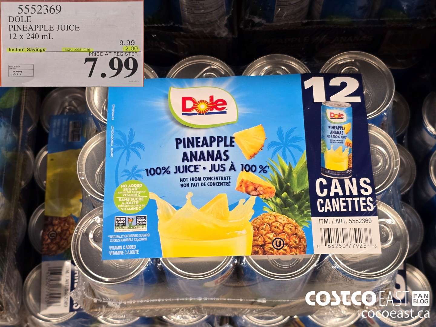 5552369 DOLE PINEAPPLE JUICE 12 x 240 mL ($2.00 INSTANT SAVINGS EXPIRES ON 2025-10-26) $7.99