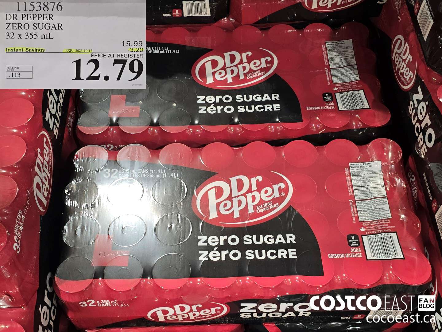 1153876 DR PEPPER ZERO SUGAR 32 x 355 ML ($3.20 INSTANT SAVINGS EXPIRES ON 2025-10-12) $12.79