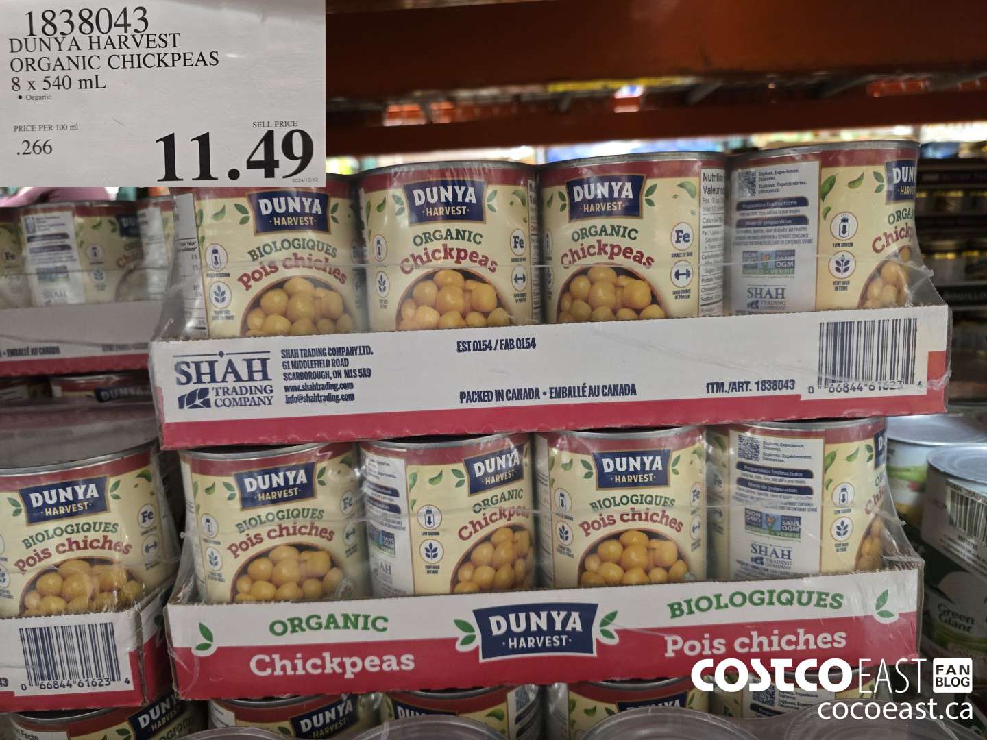 1838043 DUNYA HARVEST ORGANIC CHICKPEAS 8 x 540 mL $11.49