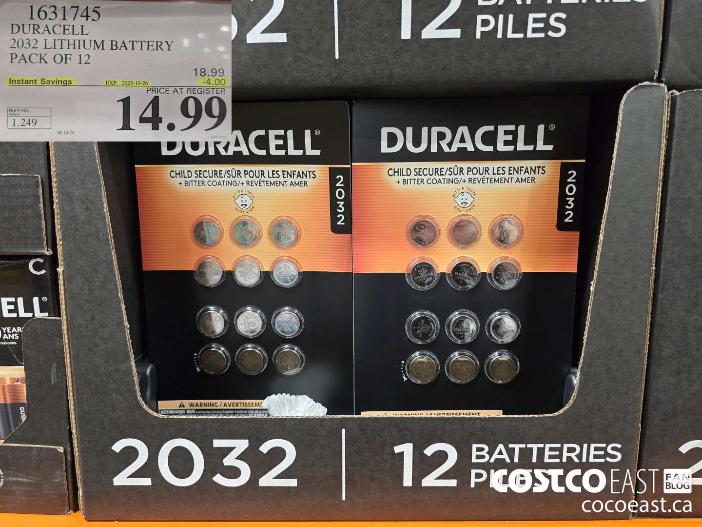 1631745 DURACELL 2032 LITHIUM BATTERY PACK OF 12 ($4.00 INSTANT SAVINGS EXPIRES ON 2025-10-26) $14.99
