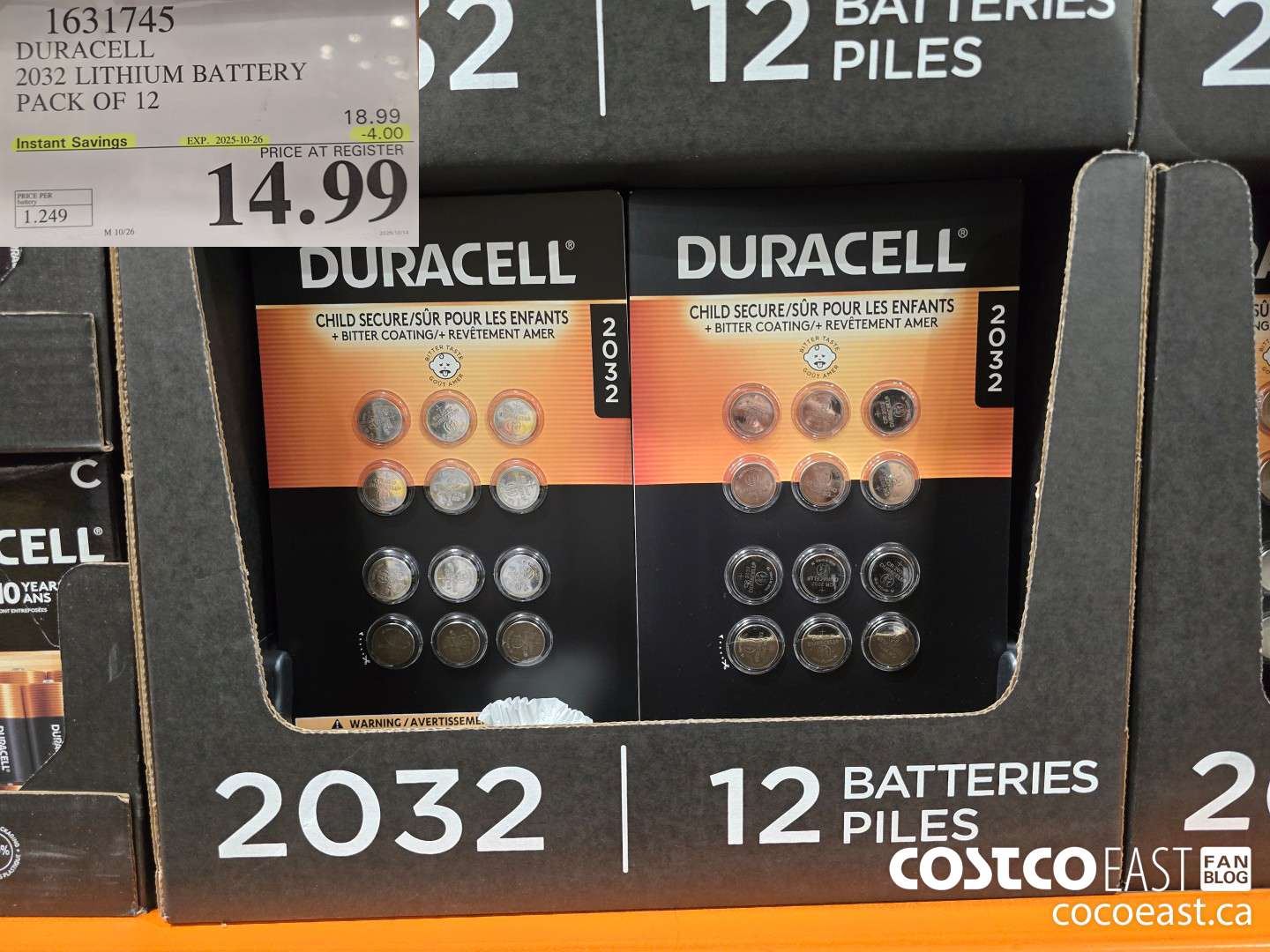 1631745 DURACELL 2032 LITHIUM BATTERY PACK OF 12 ($4.00 INSTANT SAVINGS EXPIRES ON 2025-10-26) $14.99