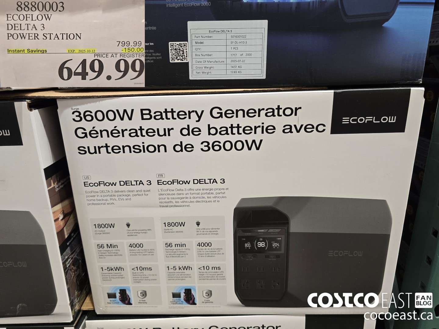 8880003 ECOFLOW DELTA 3 POWER STATION ($150.00 INSTANT SAVINGS EXPIRES ON 2025-10-12) $649.99