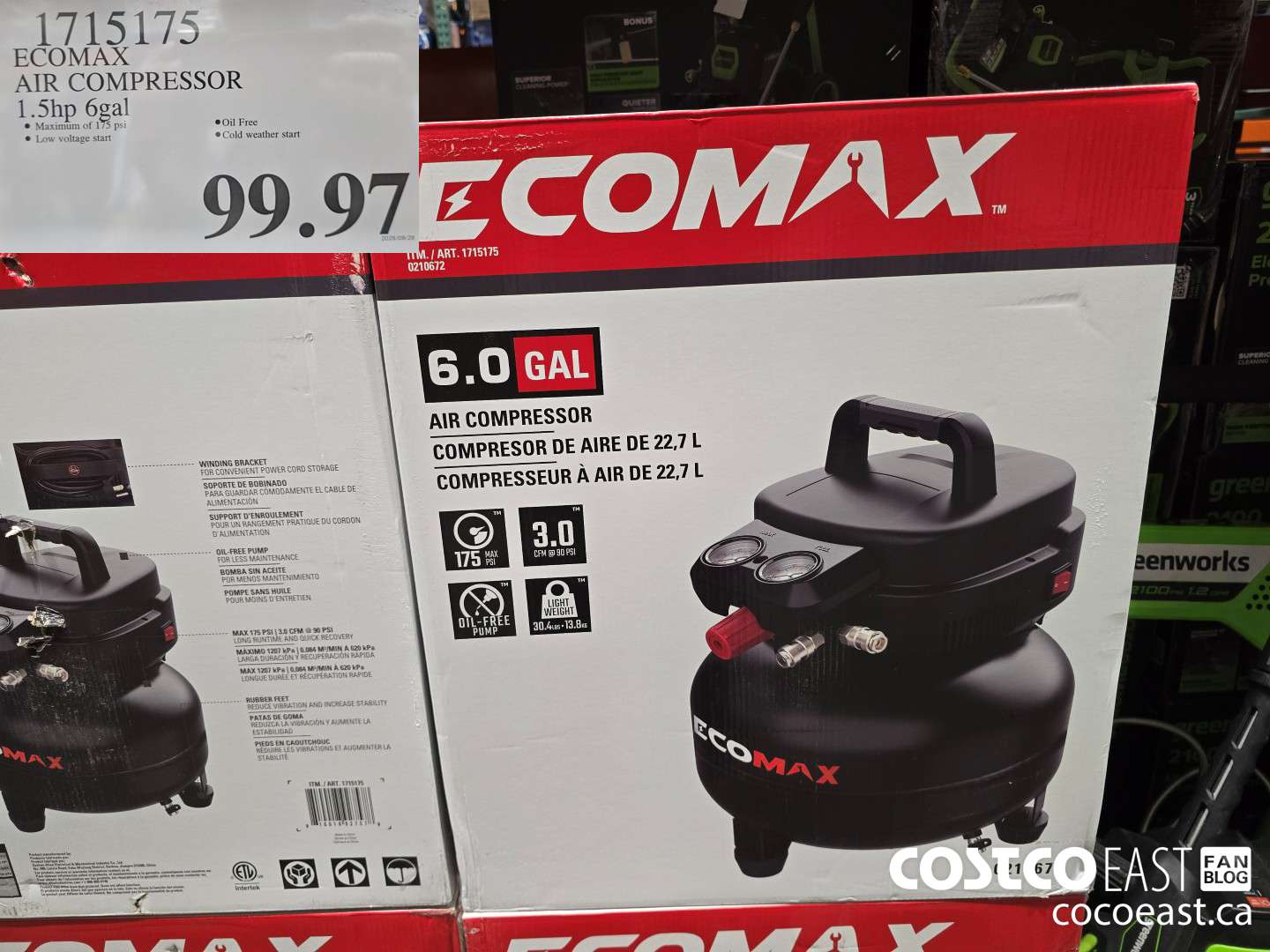 1715175 ECOMAX AIR COMPRESSOR 1.5hp 6gal $99.97