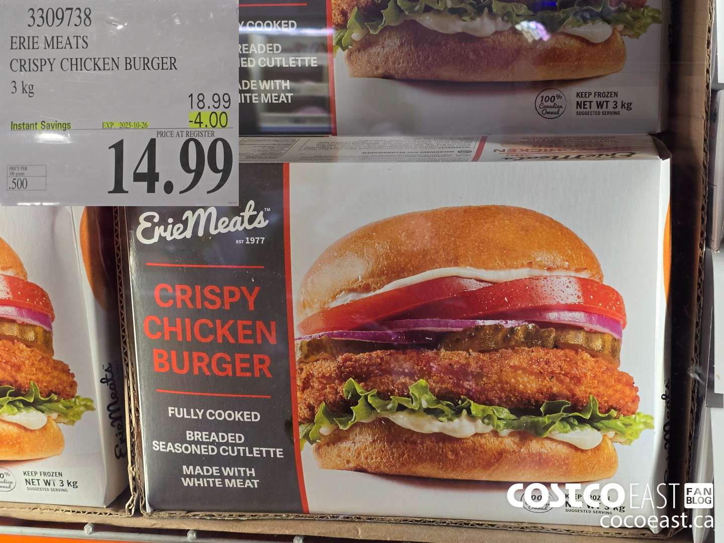 3309738 ERIE MEATS CRISPY CHICKEN BURGER 3 kg ($4.00 INSTANT SAVINGS EXPIRES ON 2025-10-26) $14.99