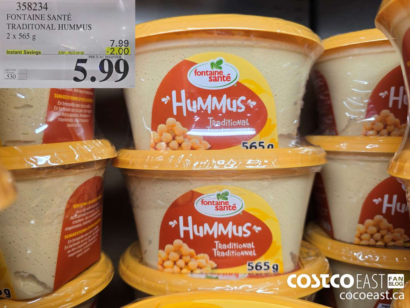 358234 FONTAINE SANTE TRADITIONAL HUMMUS 2 x 565 G ($2.00 INSTANT SAVINGS EXPIRES ON 2025-10-26) $5.99
