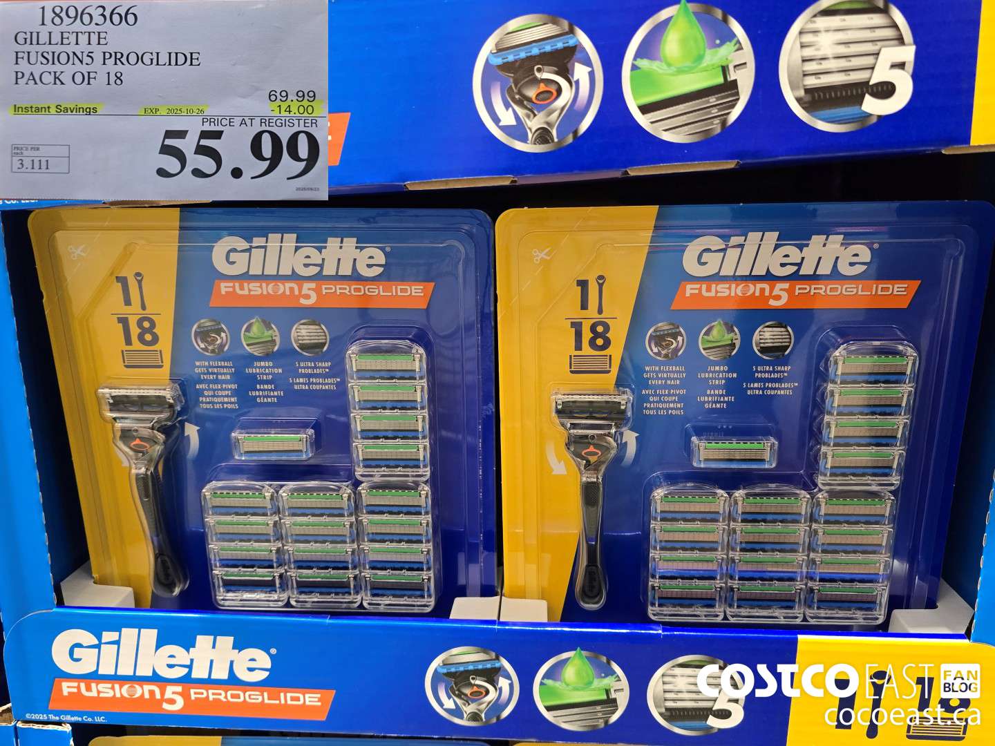 1896366 GILLETTE FUSION5 PROGLIDE PACK OF 18 ($14.00 INSTANT SAVINGS EXPIRES ON 2025-10-26) $55.99