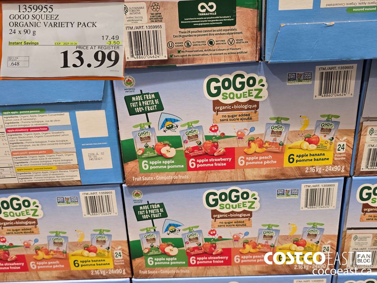 1359955 GOGO SQUEEZ ORGANIC VARIETY PACK 24 x 90 g ($3.50 INSTANT SAVINGS EXPIRES ON 2025-10-26) $13.99