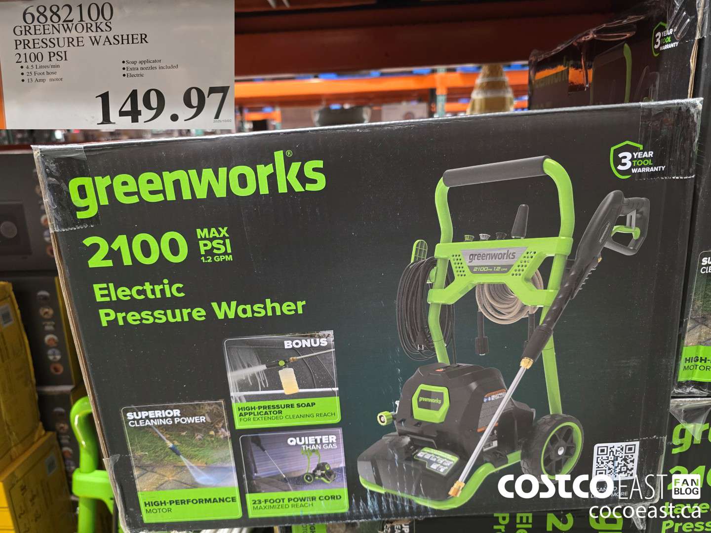 6882100 GREENWORKS PRESSURE WASHER 2100 PST $149.97