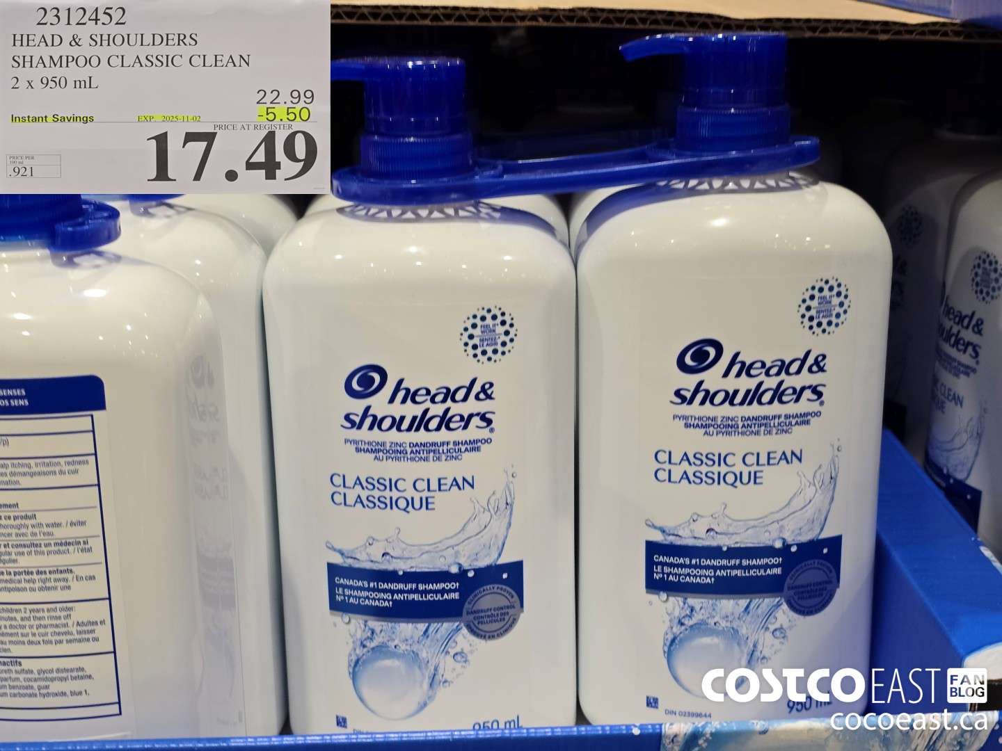 2312452 HEAD & SHOULDERS SHAMPOO CLASSIC CLEAN 2 X 950 ML ($5.50 INSTANT SAVINGS EXPIRES ON 2025-11-02) $17.49
