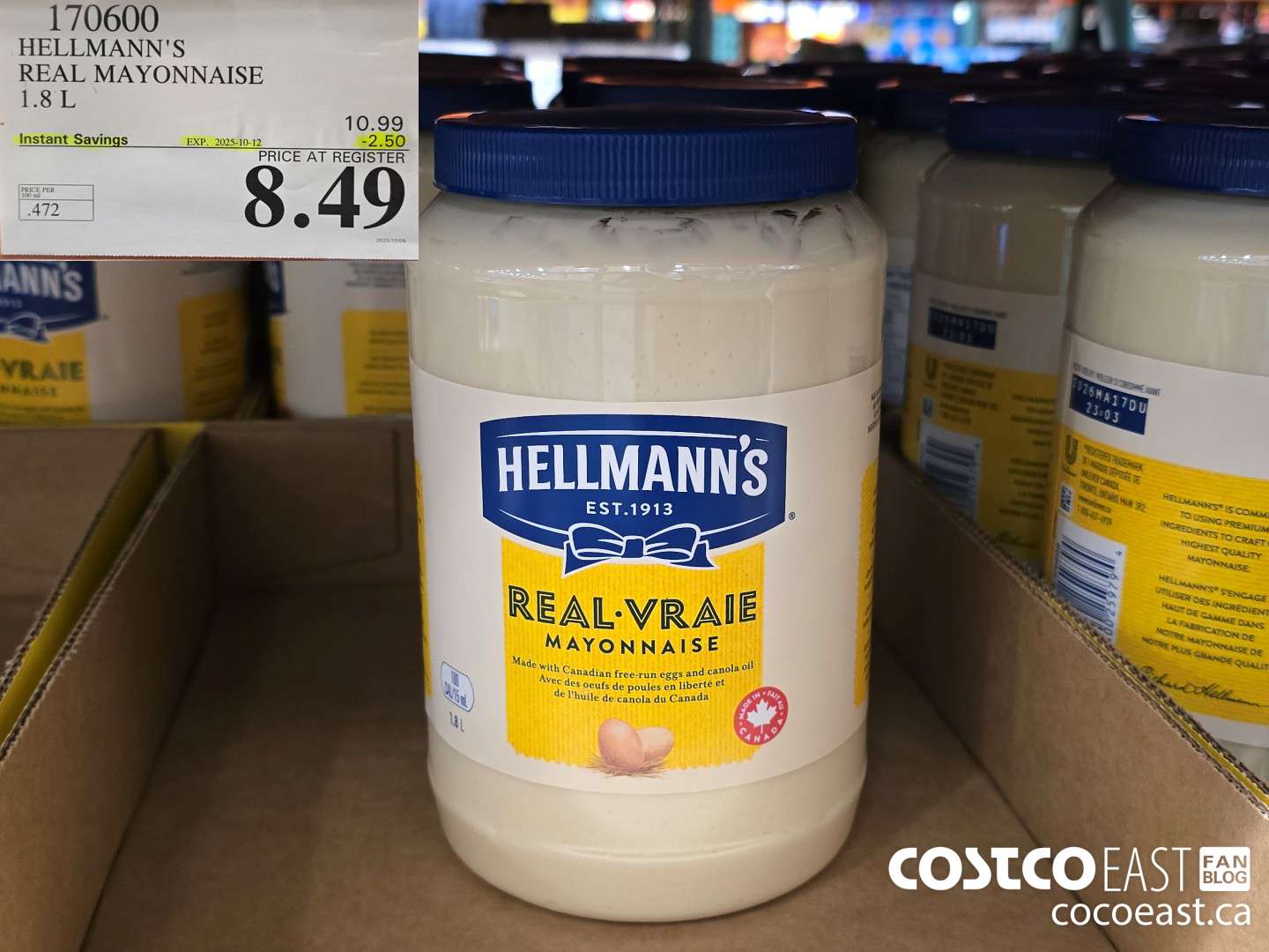170600 HELLMANN'S REAL MAYONNAISE 1.8 L ($2.50 INSTANT SAVINGS EXPIRES ON 2025-10-12) $8.49