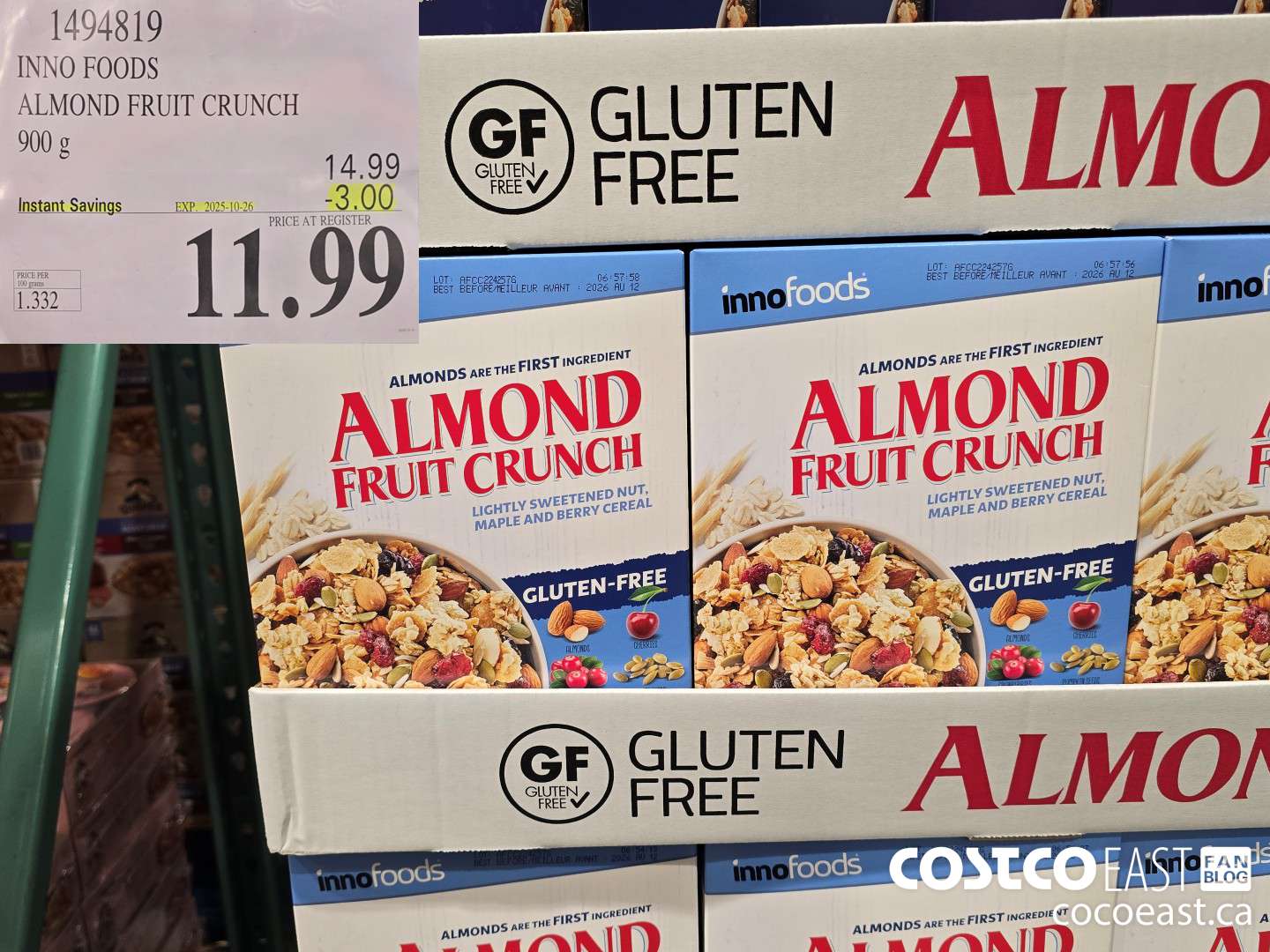 1494819 INNO FOODS ALMOND FRUIT CRUNCH 900 g ($3.00 INSTANT SAVINGS EXPIRES ON 2025-10-26) $11.99