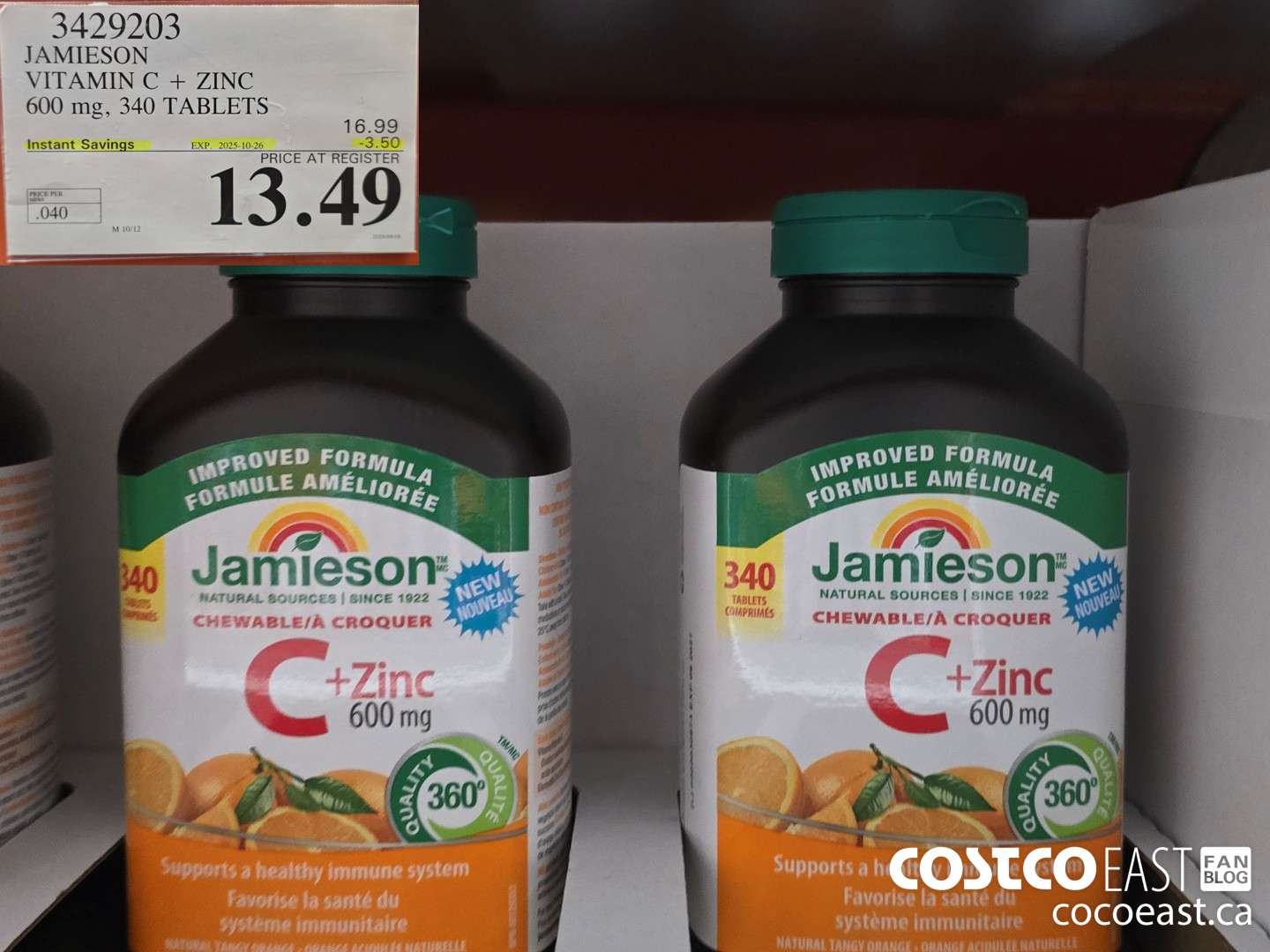 3429203 JAMIESON) VITAMIN C + ZINC 600 mg, 340 TABLETS ($3.50 INSTANT SAVINGS EXPIRES ON 2025-10-26) $13.49