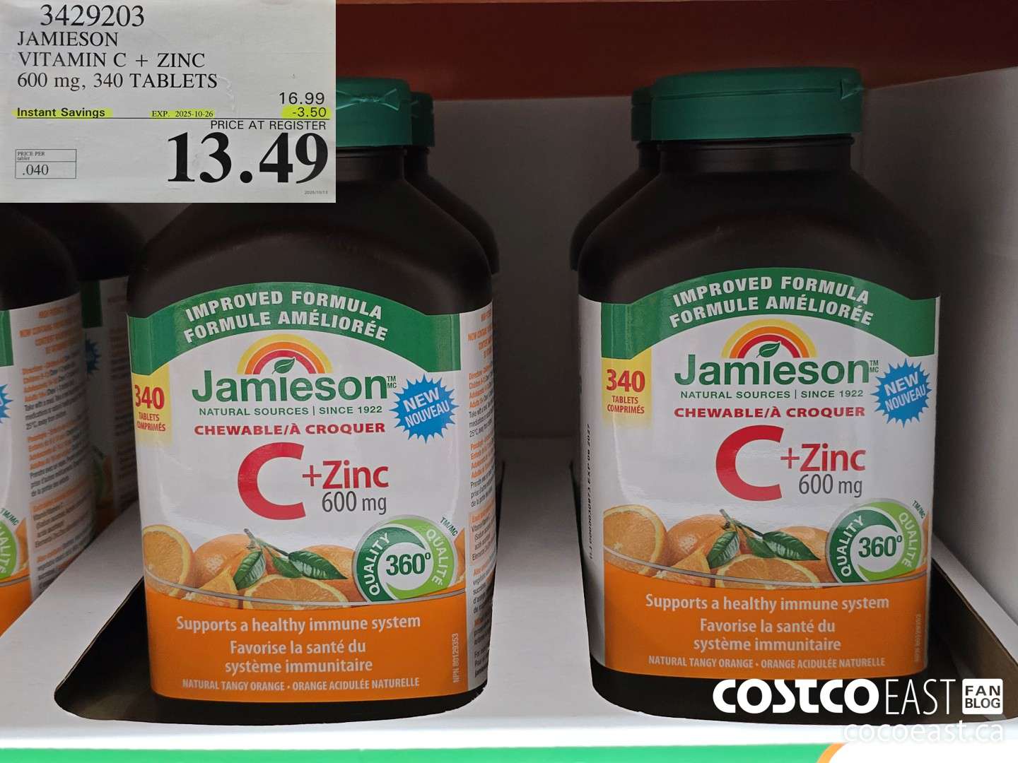 3429203 JAMIESON) VITAMIN C + ZINC 600 mg, 340 TABLETS ($3.50 INSTANT SAVINGS EXPIRES ON 2025-10-26) $13.49