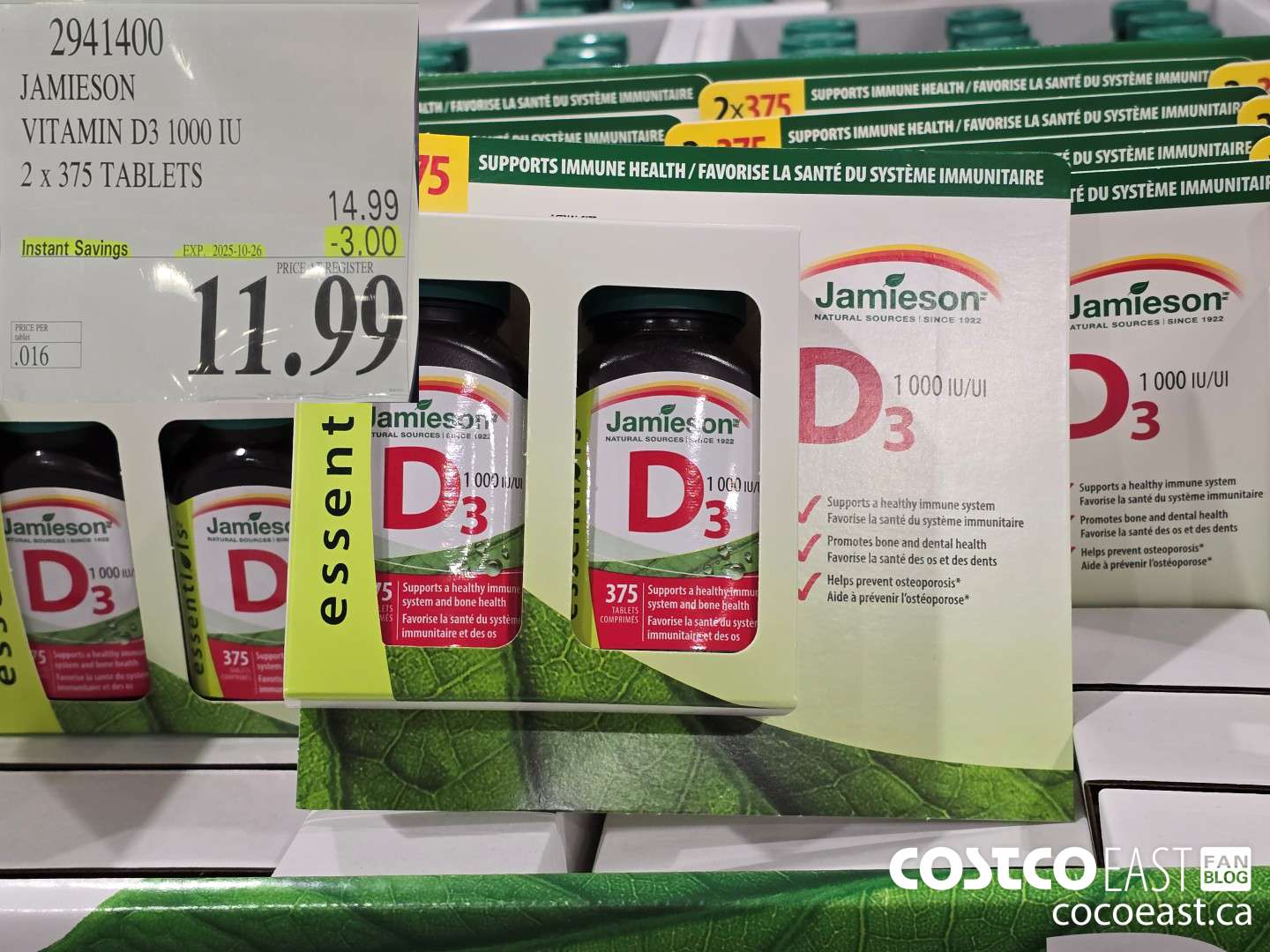 2941400 JAMIESON VITAMIN D3 1000 IU 2 X 375 TABLETS ($3.00 INSTANT SAVINGS EXPIRES ON 2025-10-26) $11.99