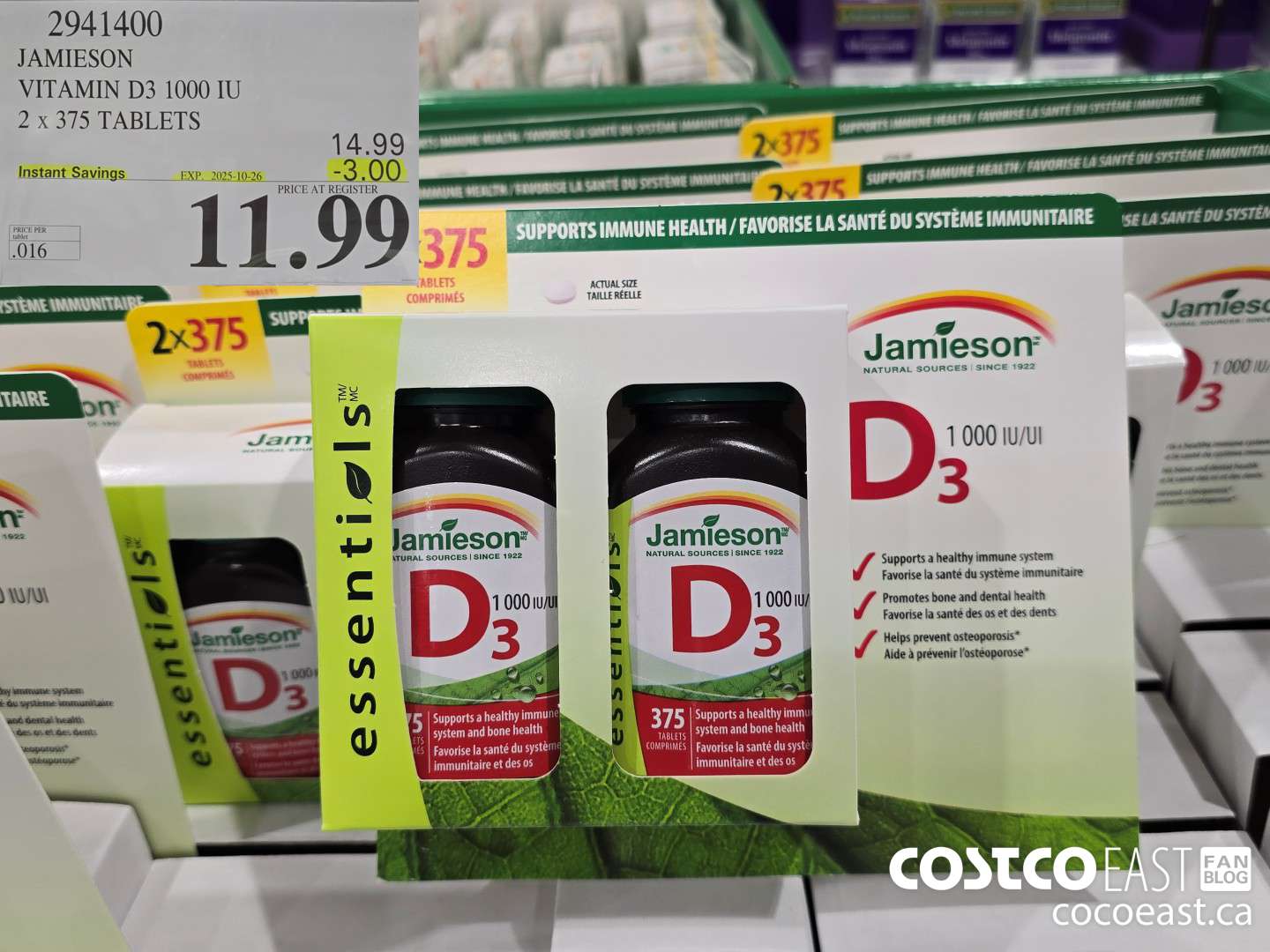 2941400 JAMIESON VITAMIN D3 1000 IU 2 X 375 TABLETS ($3.00 INSTANT SAVINGS EXPIRES ON 2025-10-26) $11.99