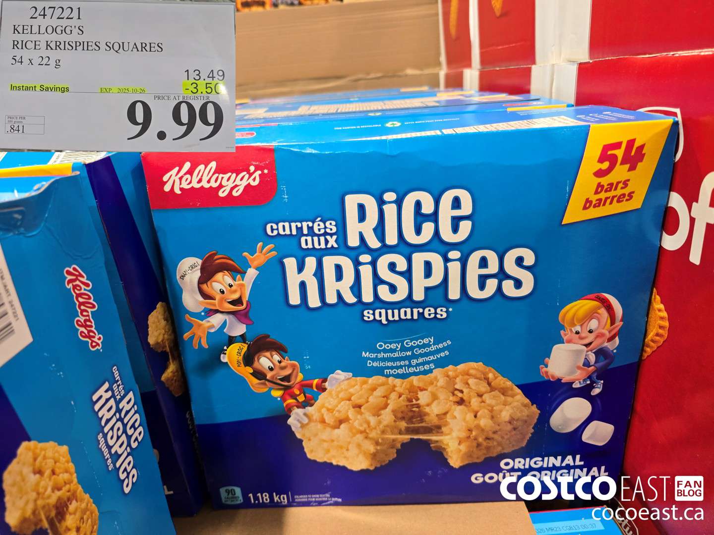 247221 KELLOGG'S RICE KRISPIES SQUARES 54 X 22 G ($3.50 INSTANT SAVINGS EXPIRES ON 2025-10-26) $9.99