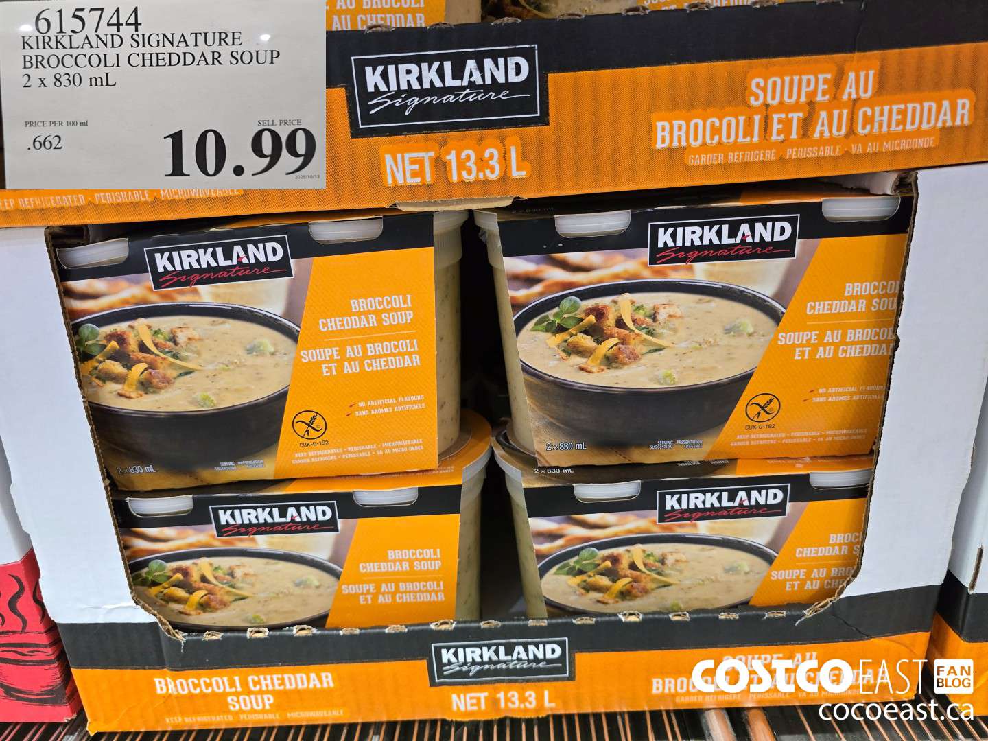 615744 KIRKLAND SIGNATURE BROCCOLI CHEDDAR SOUP 2 x 830 mL $10.99