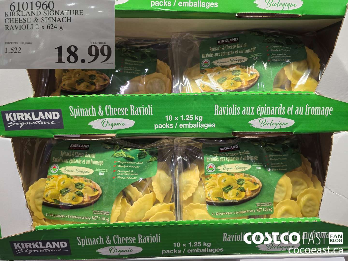 6101960 KIRKLAND SIGNATURE CHEESE & SPINACH RAVIOLI 2 x 624 G $18.99