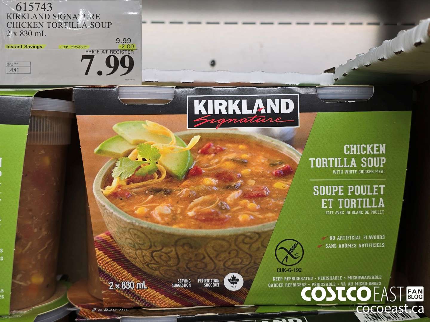 615743 KIRKLAND SIGNATURE CHICKEN TORTILLA SOUP 2 x 830 mL ($2.00 INSTANT SAVINGS EXPIRES ON 2025-10-17) $7.99