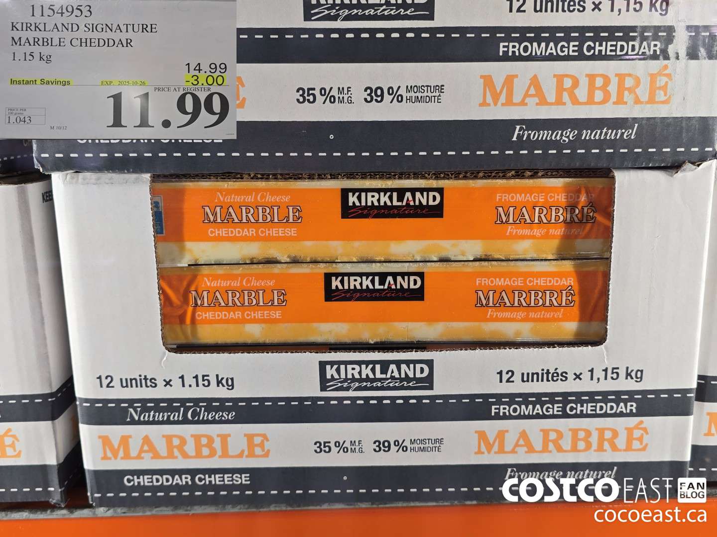 1154953 KIRKLAND SIGNATURE MARBLE CHEDDAR 1.15 KG ($3.00 INSTANT SAVINGS EXPIRES ON 2025-10-26) $11.99