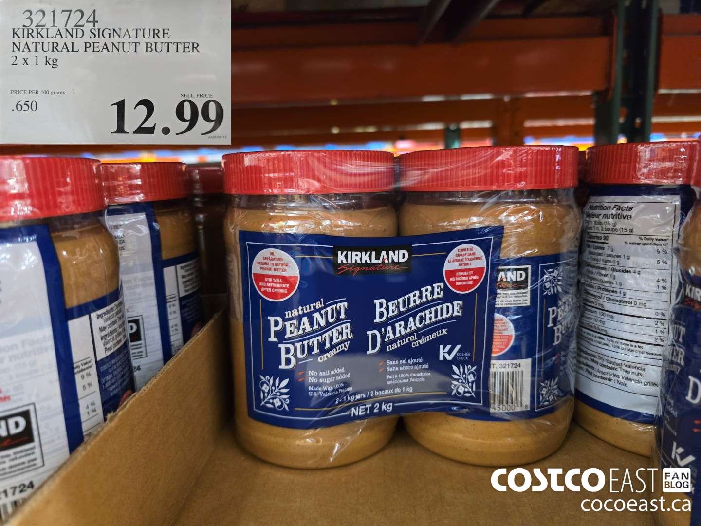 321724 KIRKLAND SIGNATURE NATURAL PEANUT BUTTER 2 X 1 KG $12.99