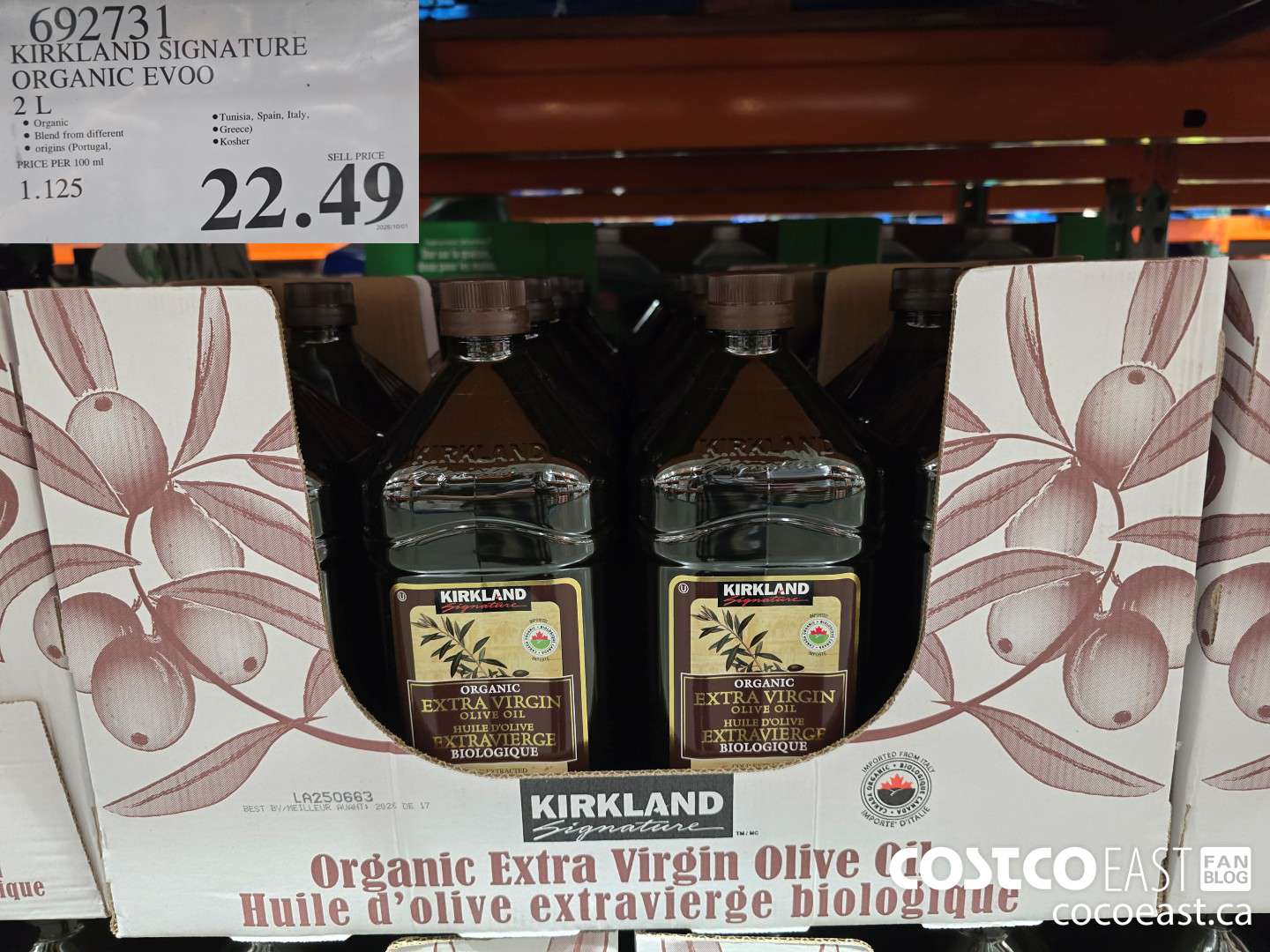 692731 KIRKLAND SIGNATURE ORGANIC EVOO 2 L $22.49