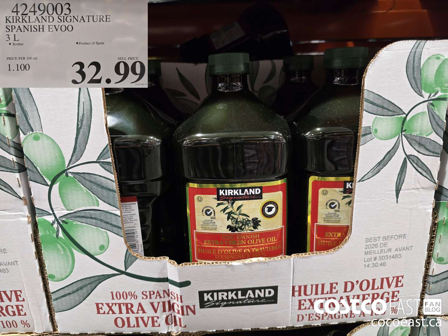 4249003 KIRKLAND SIGNATURE SPANISH EVOO 3 L $32.99
