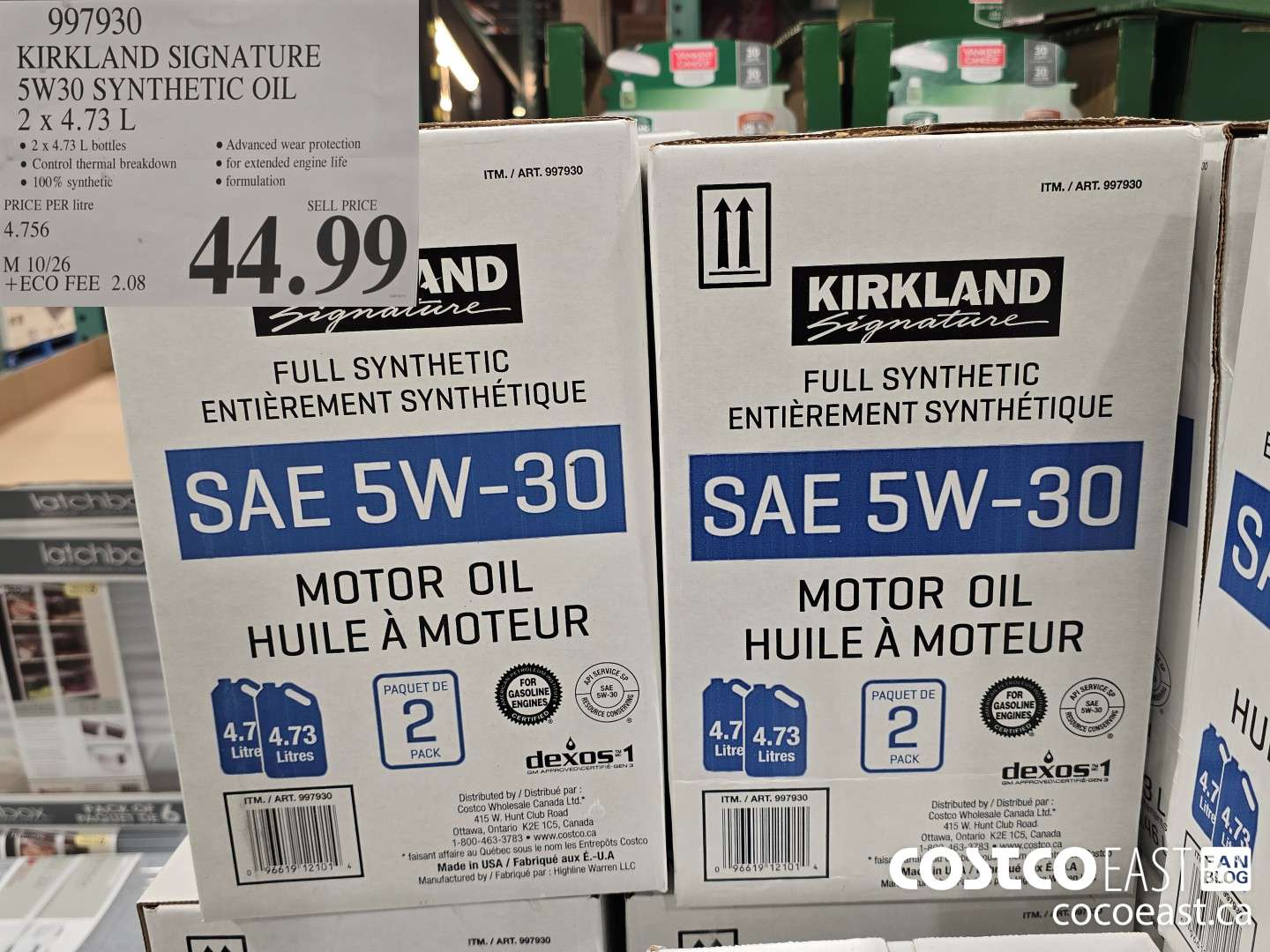 997930 KIRKLAND SIGNATURE SYNTHETIC OIL 5W30 2 X 4.73L $44.99