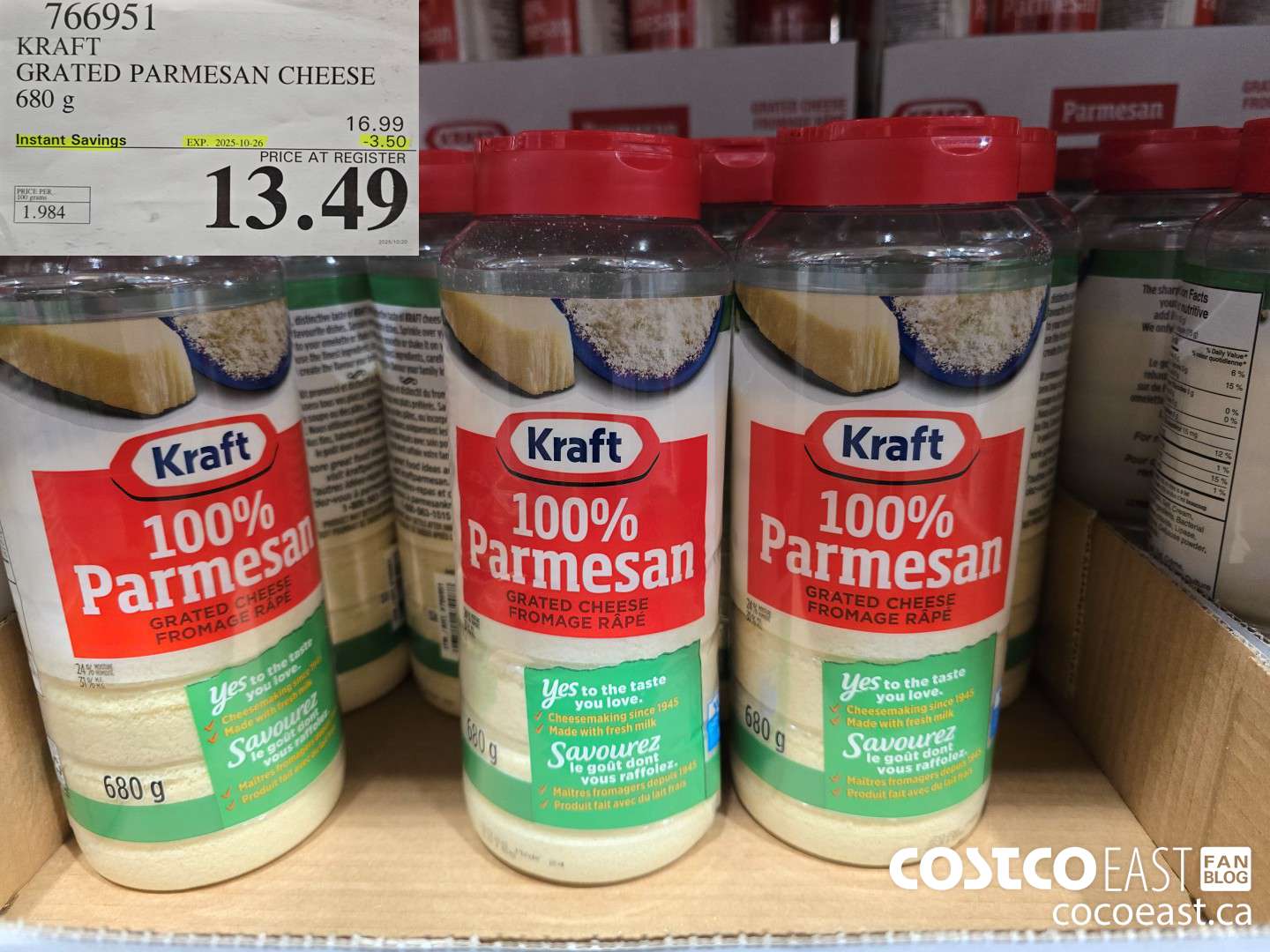 766951 KRAFT GRATED PARMESAN CHEESE 680 G ($2.00 INSTANT SAVINGS EXPIRES ON 2025-10-26) $16.99