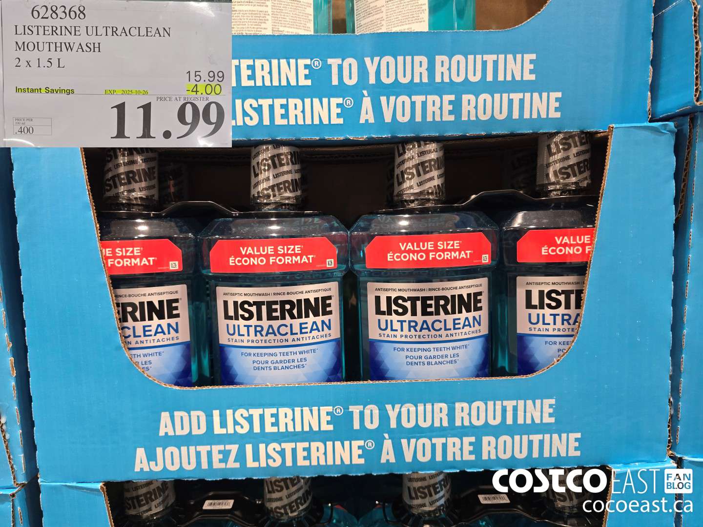 628368 LISTERINE ULTRACLEAN MOUTHWASH 2 x 1.5 L ($4.00 INSTANT SAVINGS EXPIRES ON 2025-10-26) $11.99