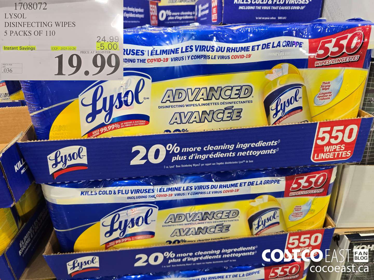 1708072 LYSOL DISINFECTING WIPES 5 PACKS OF 110 ($5.00 INSTANT SAVINGS EXPIRES ON 2025-10-26) $19.99