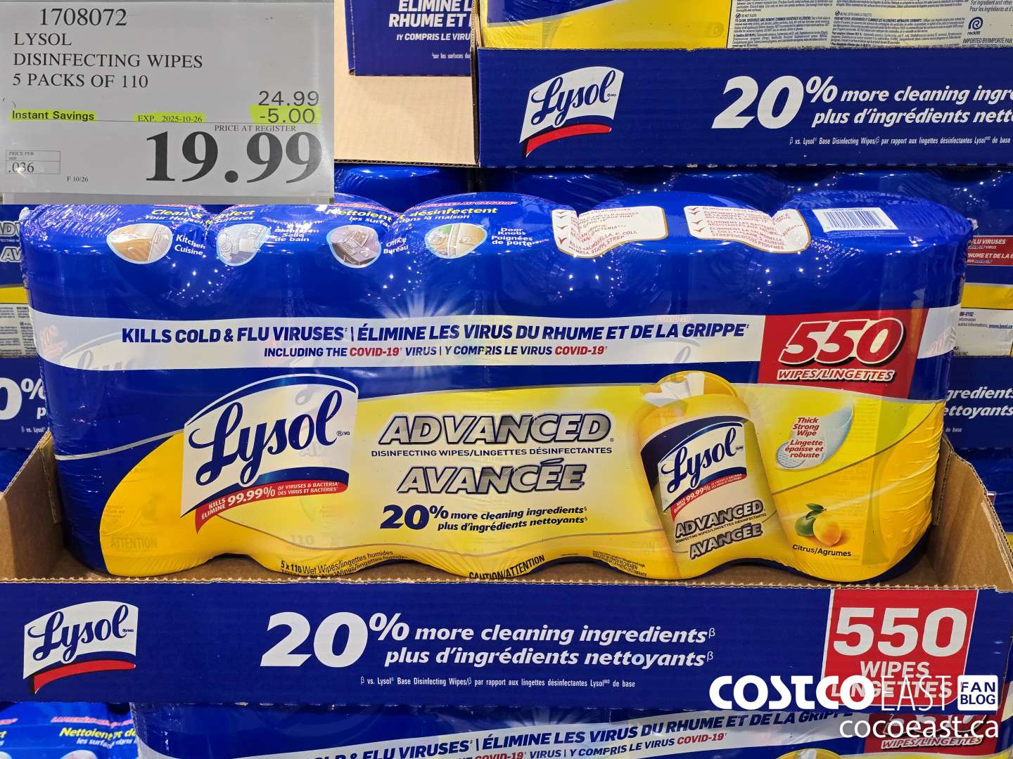 1708072 LYSOL DISINFECTING WIPES 5 PACKS OF 110 ($5.00 INSTANT SAVINGS EXPIRES ON 2025-10-26) $19.99