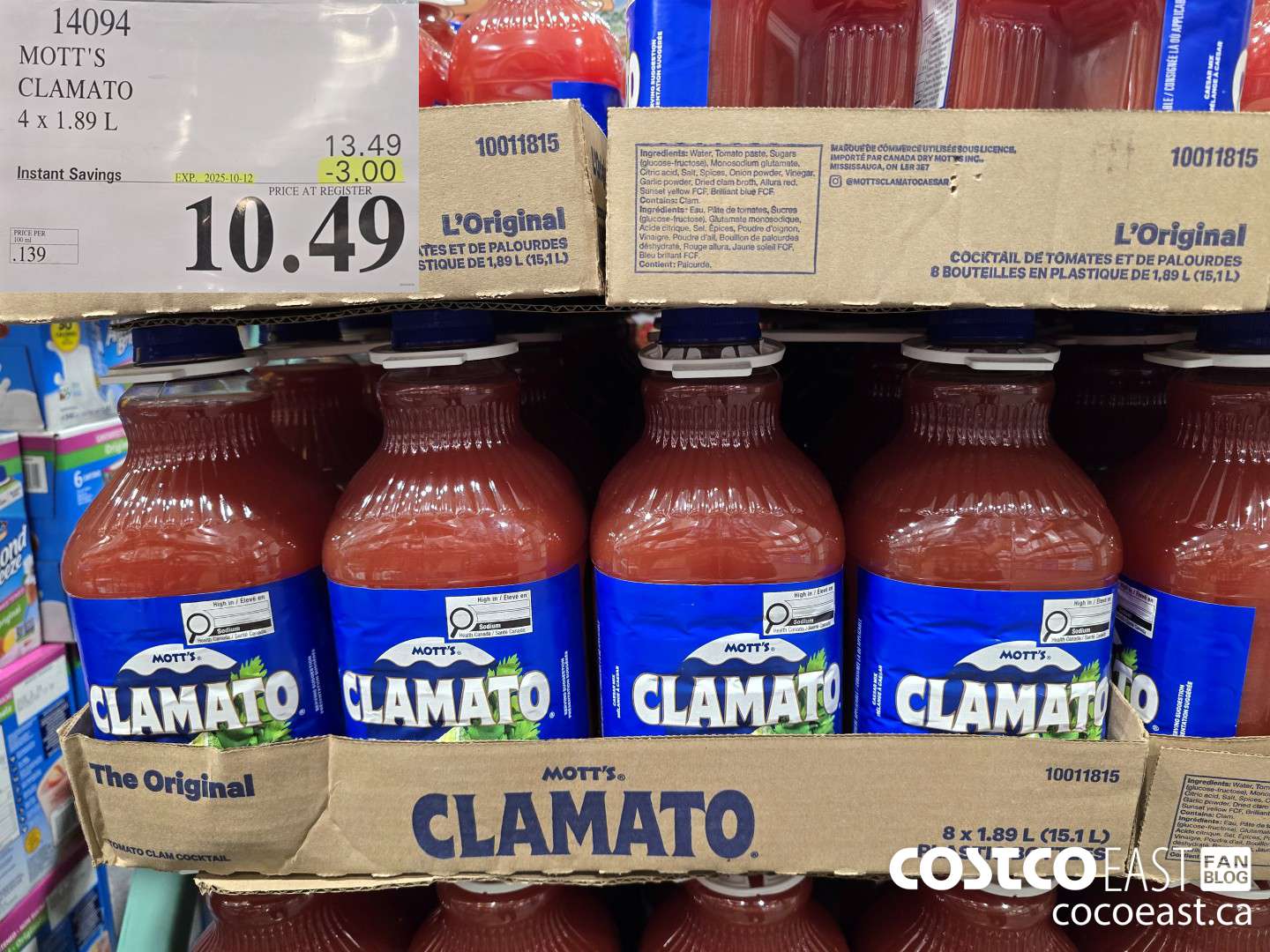14094 MOTT'S CLAMATO 4 X 1.89 L ($3.00 INSTANT SAVINGS EXPIRES ON 2025-10-12) $10.49