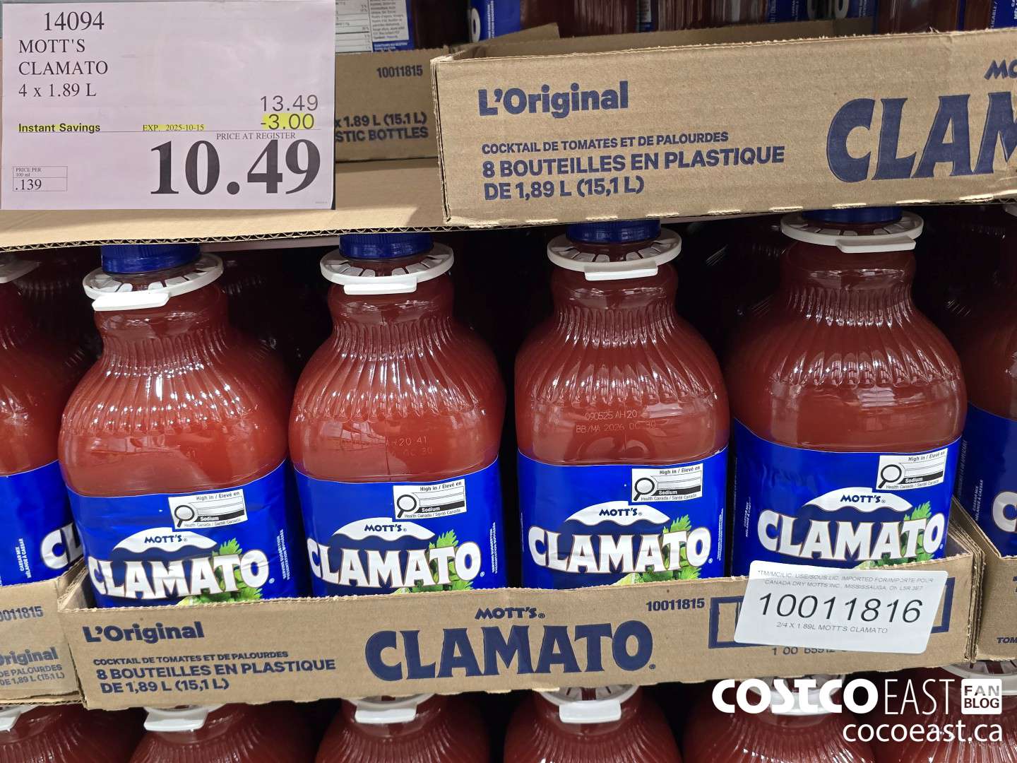 14094 MOTT'S CLAMATO 4 X 1.89 L ($3.00 INSTANT SAVINGS EXPIRES ON 2025-10-15) $10.49