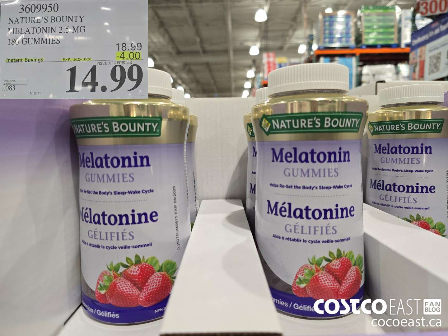 3609950 NATURE'S BOUNTY MELATONIN 2.5 MG 180 GUMMIES ($4.00 INSTANT SAVINGS EXPIRES ON 2025-10-26) $14.99