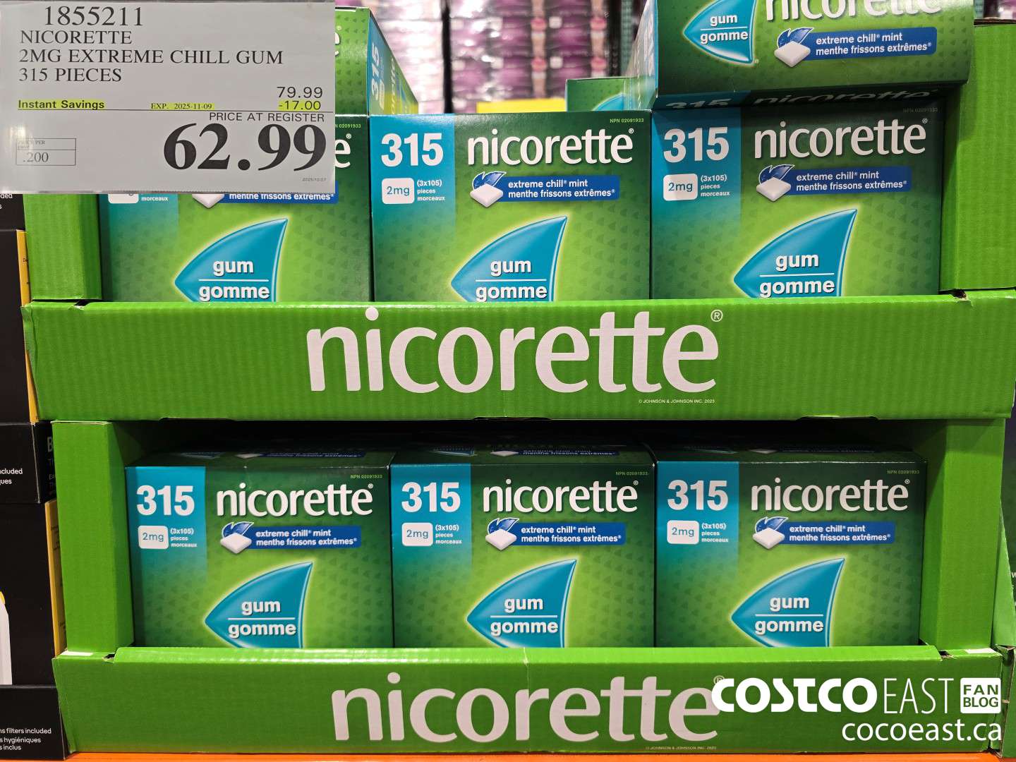 1855211 NICORETTE 2MG EXTREME CHILL GUM 315 PIECES ($17.00 INSTANT SAVINGS EXPIRES ON 2025-11-09) $62.99