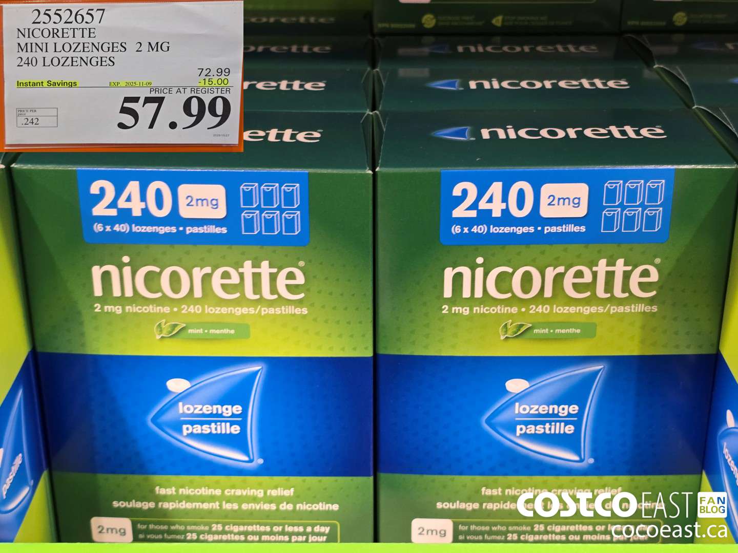 2552657 NICORETTE MINI LOZENGES 2 MG 240 lozenges ($15.00 INSTANT SAVINGS EXPIRES ON 2025-11-09) $57.99
