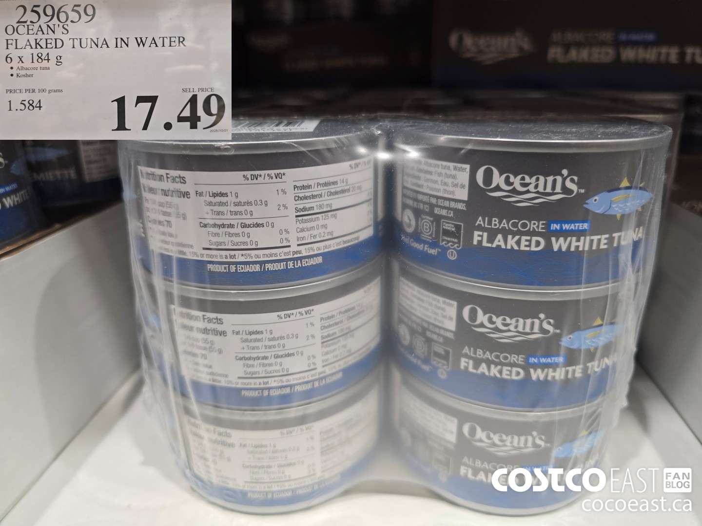 259659 OCEAN'S FLAKED TUNA IN WATER 6 x 184 G $17.49