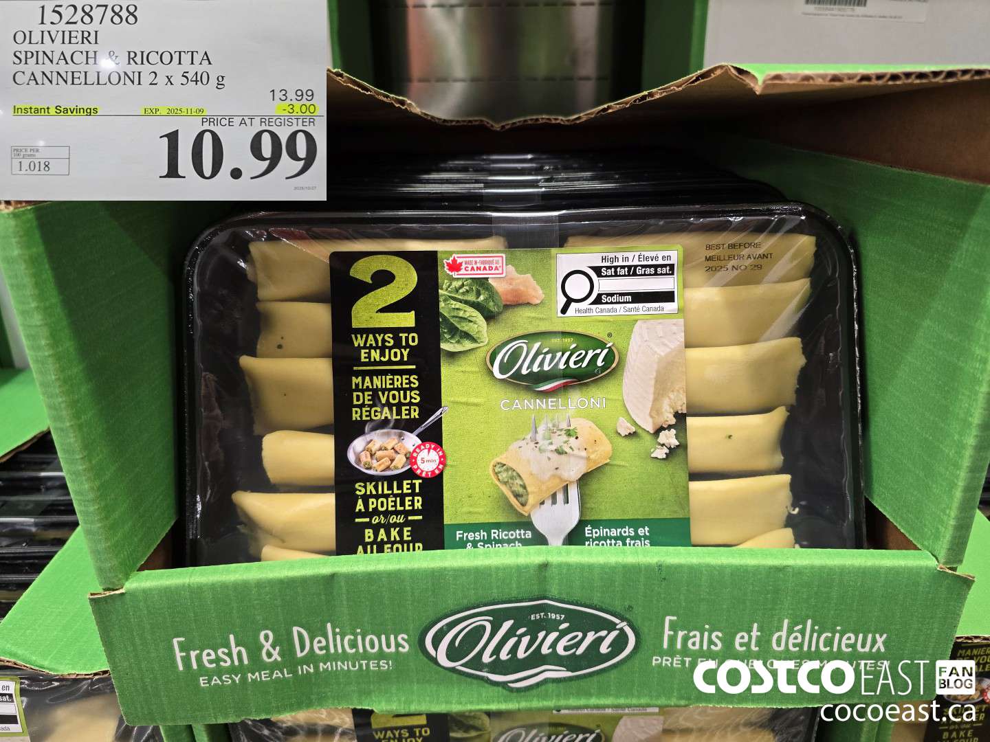 1528788 OLIVIERY SPINACH & RICOTTA CANNELLONI 2 X 540 G ($3.00 INSTANT SAVINGS EXPIRES ON 2025-11-09) $10.99