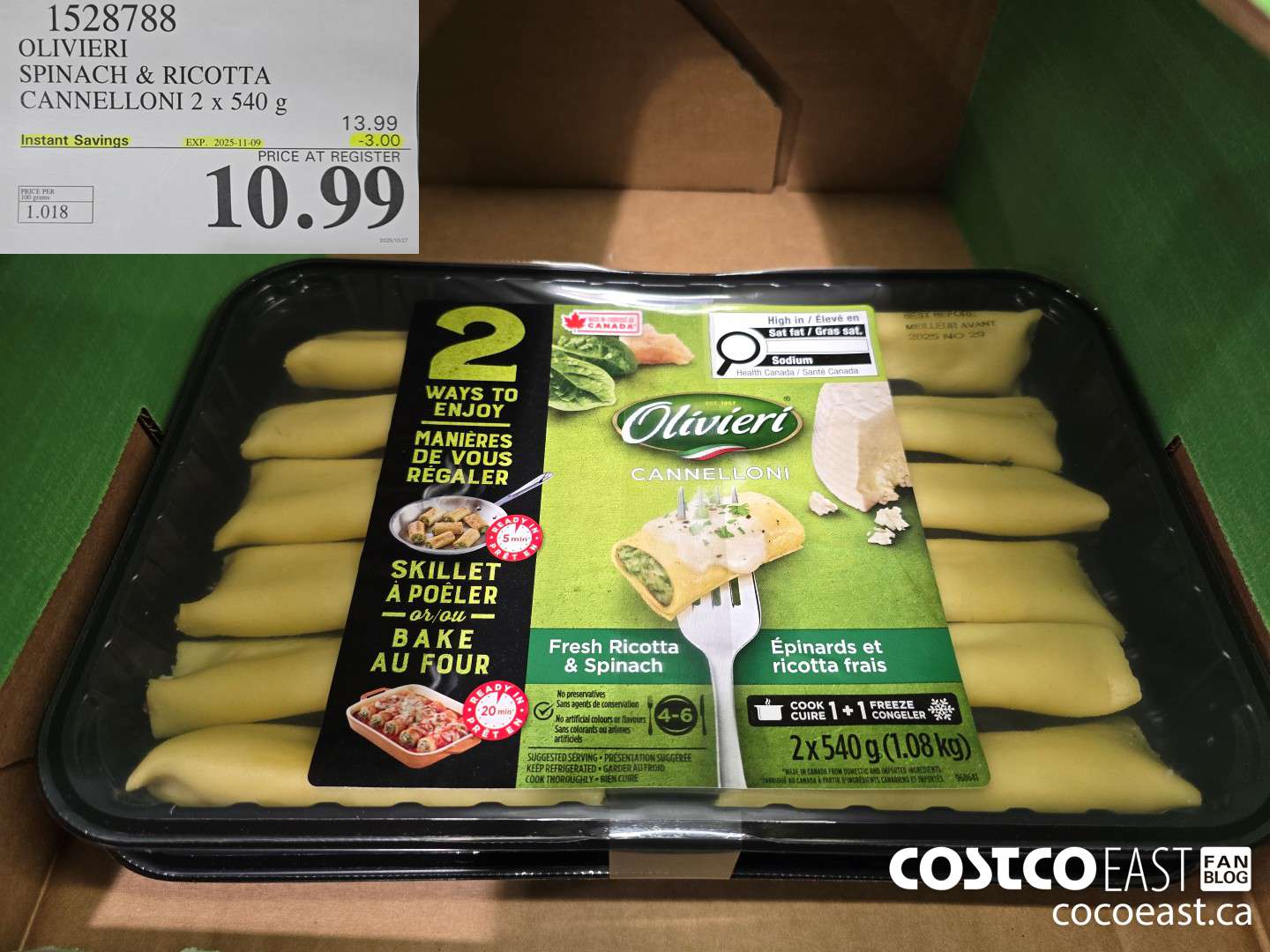 1528788 OLIVIERY SPINACH & RICOTTA CANNELLONI 2 X 540 G ($3.00 INSTANT SAVINGS EXPIRES ON 2025-11-09) $10.99