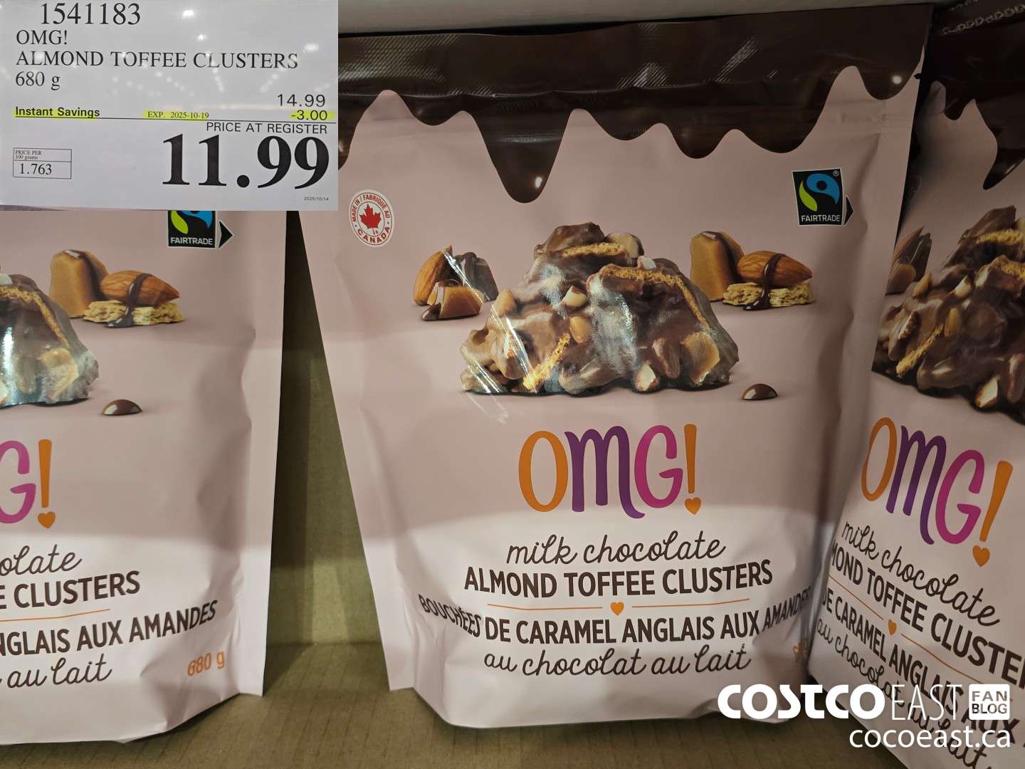 1541183 OMG! ALMOND TOFFEE CLUSTERS 680 g ($2.00 INSTANT SAVINGS EXPIRES ON 2025-10-19) $11.99
