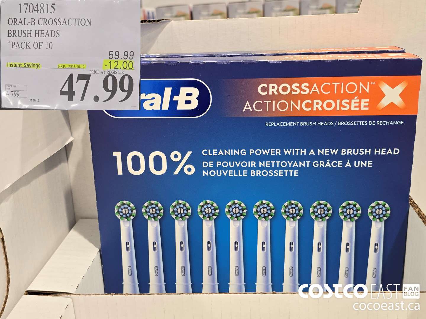1704815 ORAL-B CROSSACTION BRUSH HEADS PACK OF 10 ($12.00 INSTANT SAVINGS EXPIRES ON 2025-10-12) $47.99