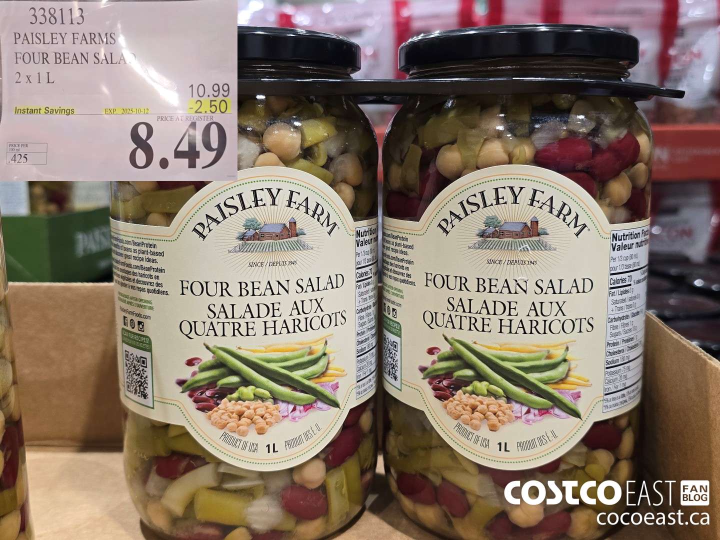 338113 PAISLEY FARMS FOUR BEAN SALAD 2 X 1 L ($2.50 INSTANT SAVINGS EXPIRES ON 2025-10-12) $8.49