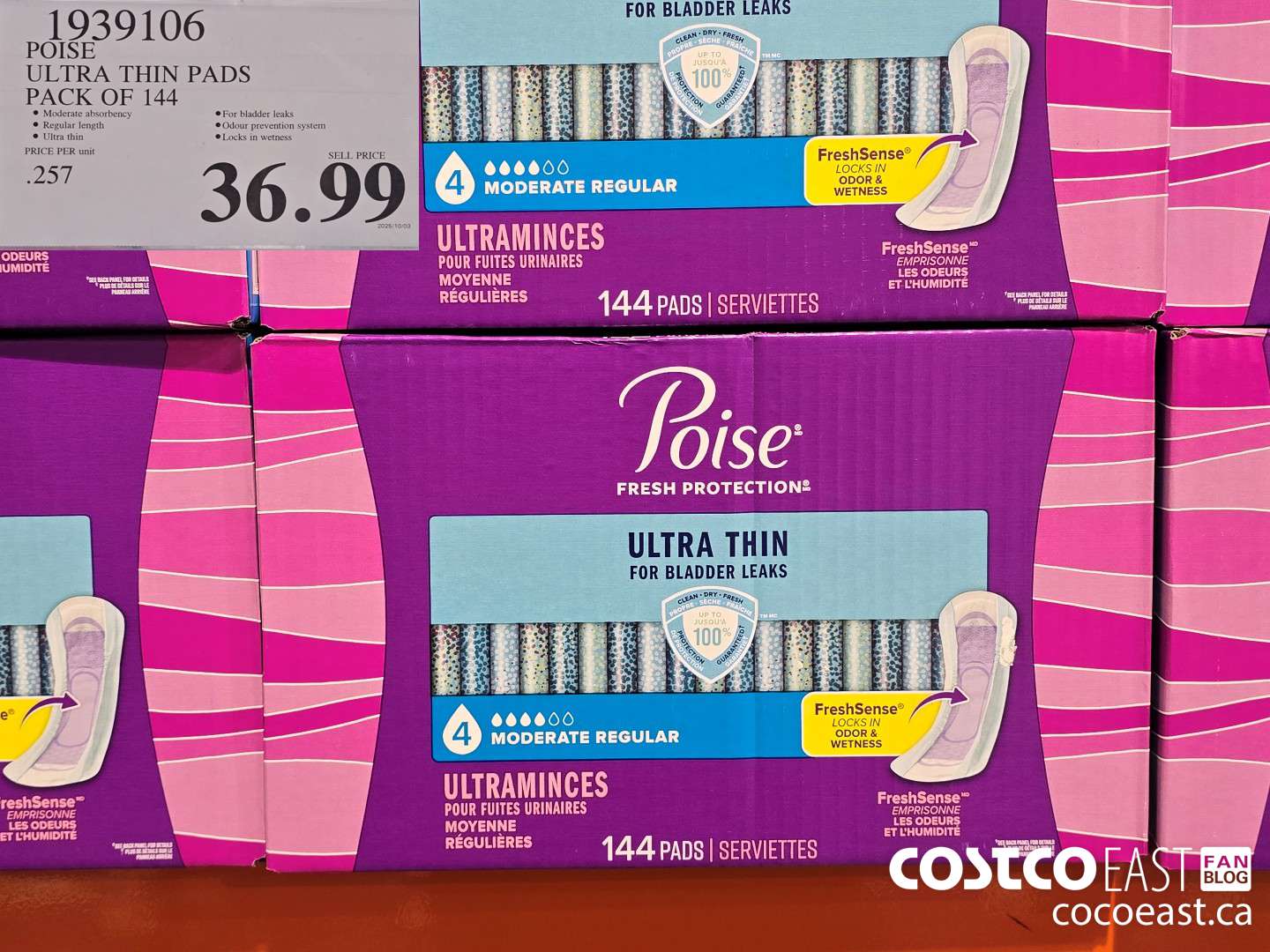 1939106 POISE ULTRA THIN PADS PACK OF 144 $36.99