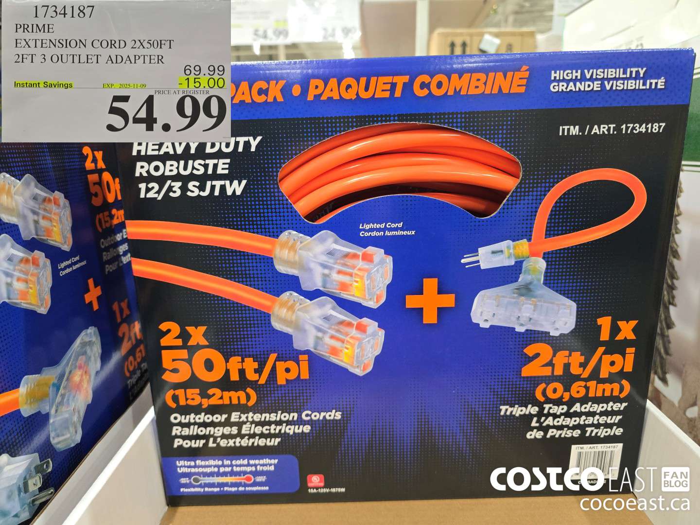 1734187 PRIME EXTENSION CORD 2X50FT 2FT 3 OUTLET ADAPTER ($15.00 INSTANT SAVINGS EXPIRES ON 2025-11-09) $54.99