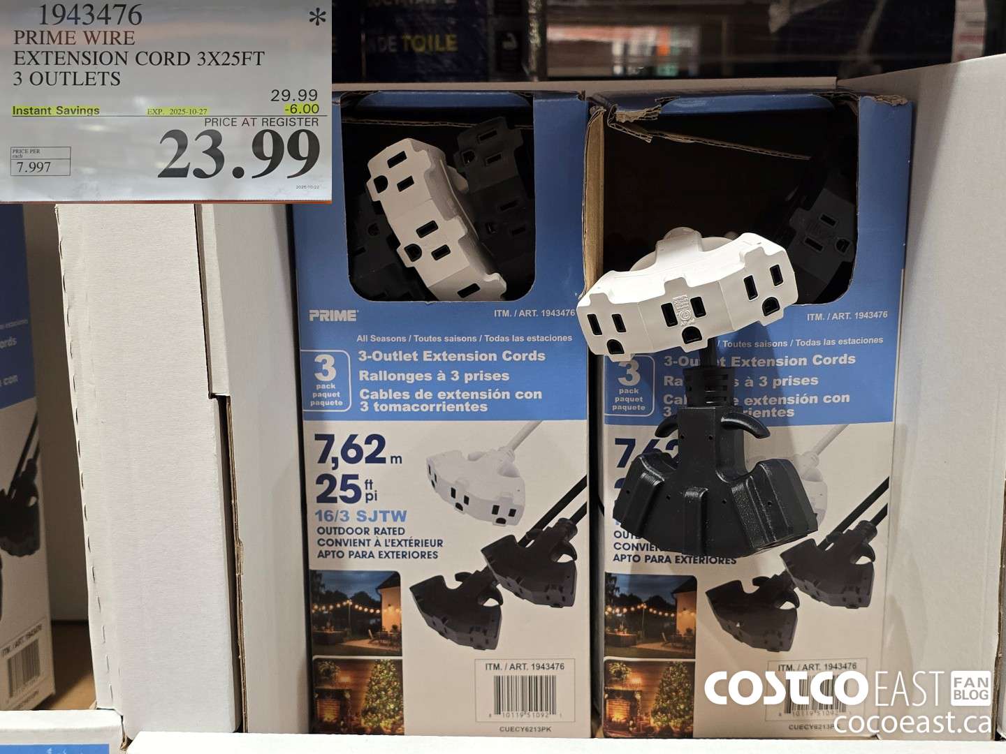 1943476 PRIME WIRE EXTENSION CORD 3X25FT 3 OUTLETS ($6.00 INSTANT SAVINGS EXPIRES ON 2025-10-27) $23.99