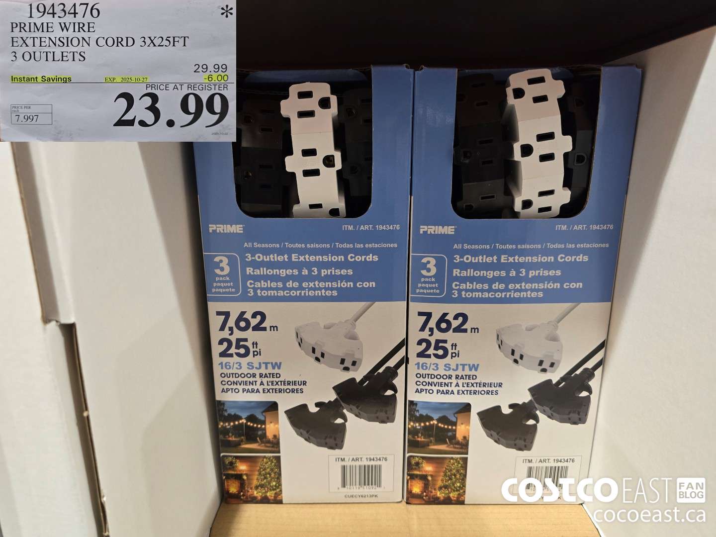 1943476 PRIME WIRE EXTENSION CORD 3X25FT 3 OUTLETS ($6.00 INSTANT SAVINGS EXPIRES ON 2025-10-27) $23.99